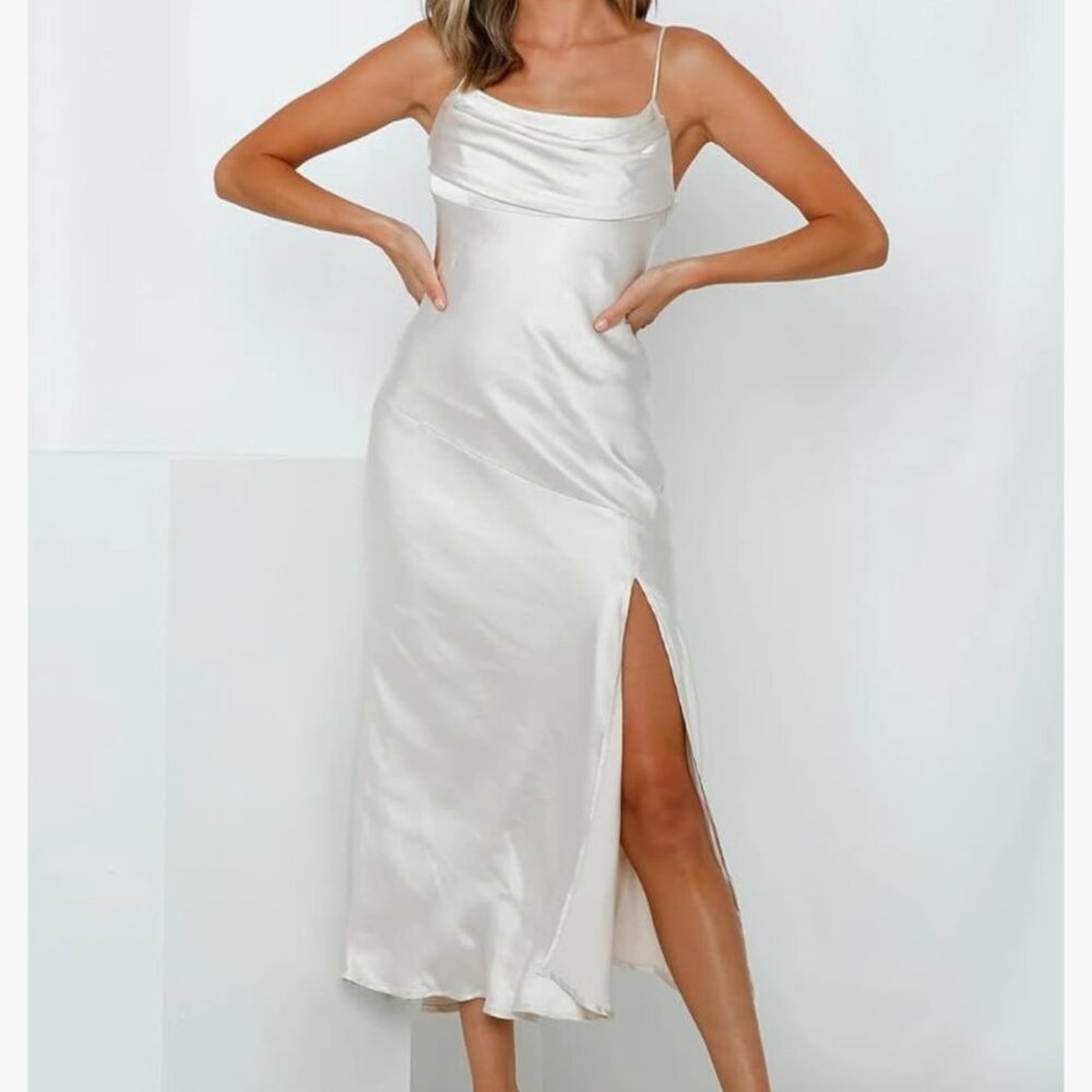 White Silk Dress, Cowl Neck